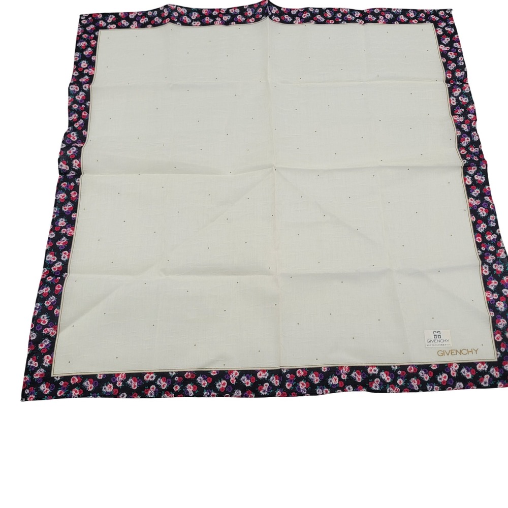 Givenchy Vintage Cotton Handkerchief Floral Border Cream Gold Polka Dot 18.5in